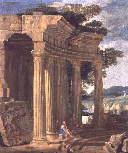 Landscape with ruins and a shepherd van Jean Lemaire