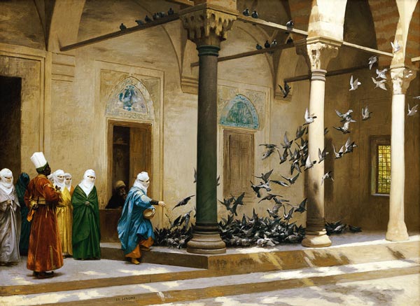 Harem Women Feeding Pigeons In A Courtyard van Jean-Léon Gérome
