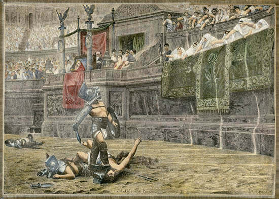 Todesurteil für einen unterlegenen Gladiator durch den nach unten gerichteten Daumen van Jean-Léon Gérome