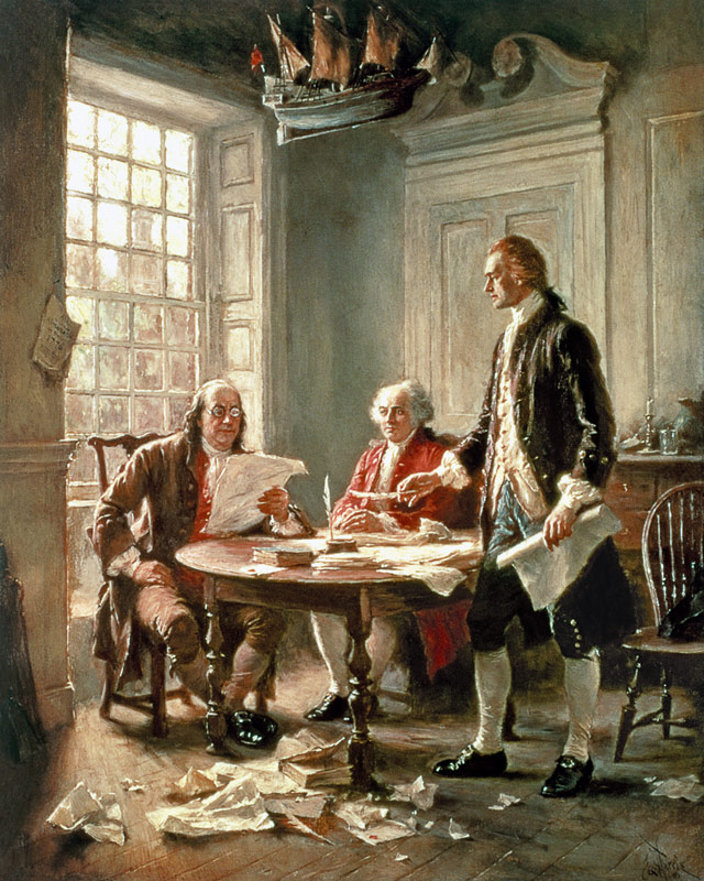 The Drafting of the Declaration of Independence in 1776: (LtoR) Benjamin Franklin (1706-90) van Jean Léon Gérôme Ferris