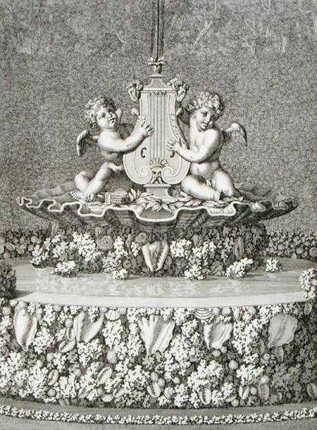 Two Cupids holding a lyre, a fountain at Versailles, 1677, from 'Les Plans, Profils et Elevations de van Jean Lepautre