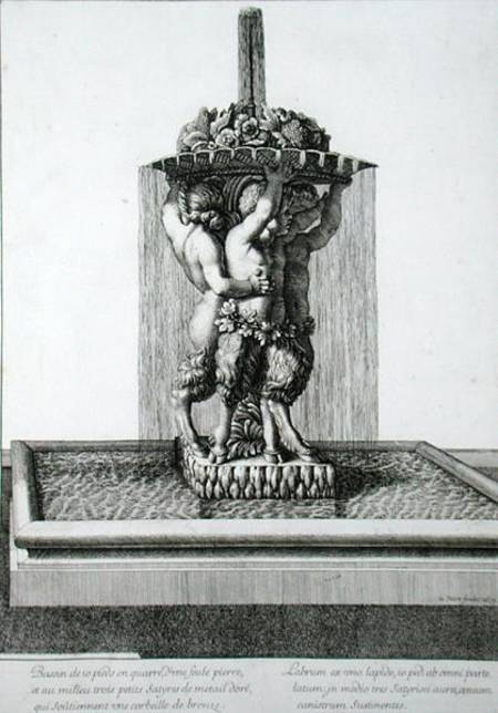 Three small satyrs holding a bowl of flowers, a fountain probably at Versailles, 1673, from 'Les Pla van Jean Lepautre