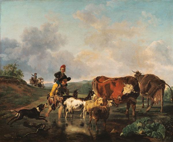 Bauer mit Herde beim Durchqueren eines Flusses.