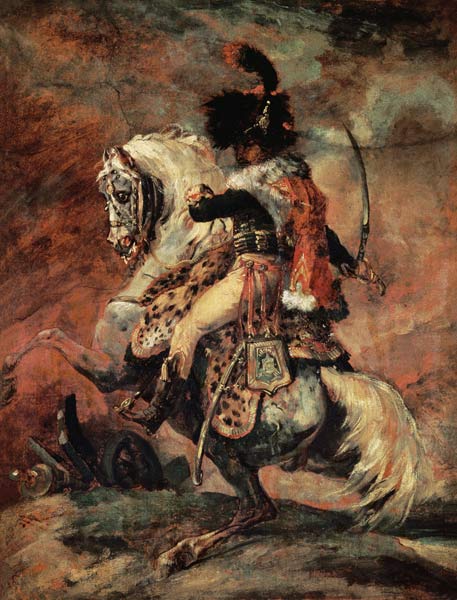 Kavallerieoffizier, auf einem Apfelschimmel reitend. van Jean Louis Théodore Géricault