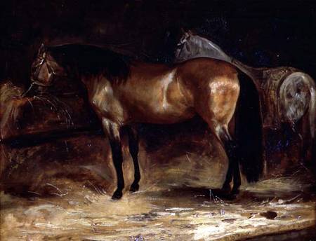 A Bay Horse at a manger, with a grey horse in a rug van Jean Louis Théodore Géricault