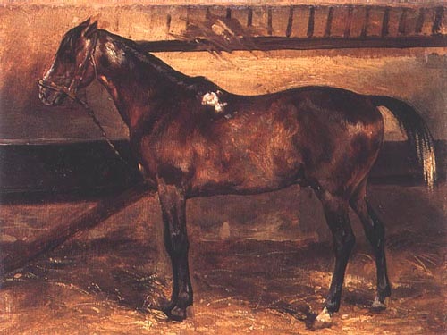 Braunes Pferd im Stall van Jean Louis Théodore Géricault