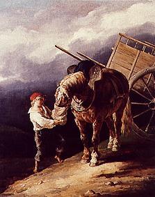 Stallbursche einem Pferd Hafer gebend. van Jean Louis Théodore Géricault