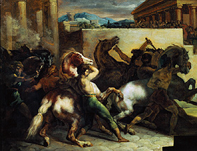 Wilde Pferde bei einem Rennen in Rom. van Jean Louis Théodore Géricault
