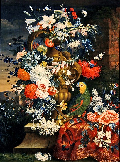 Bouquet of flowers and a parrot van Jean Picart