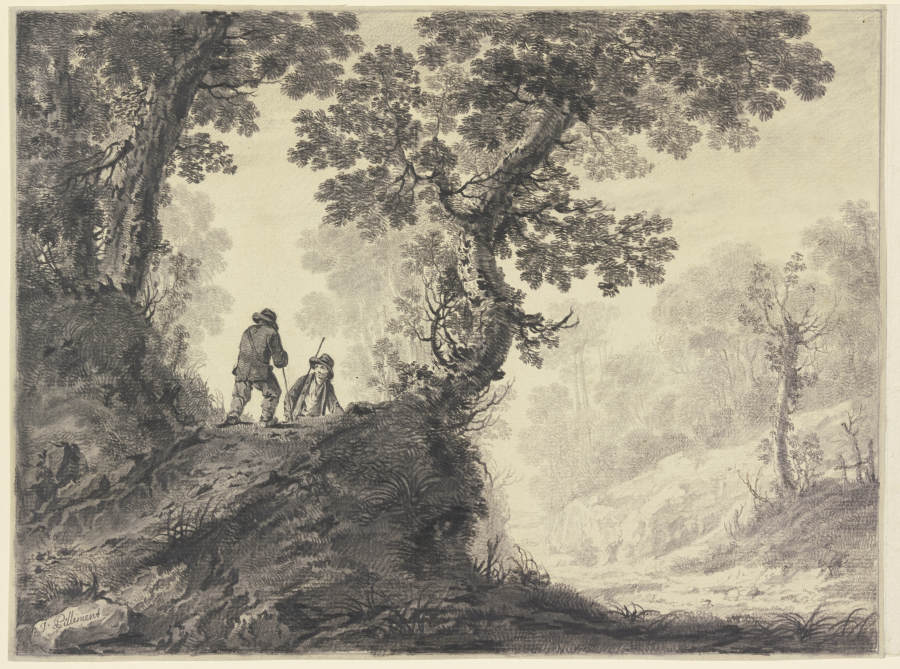 Waldlandschaft, links auf einer Anhöhe zwei Wanderer van Jean Pillement