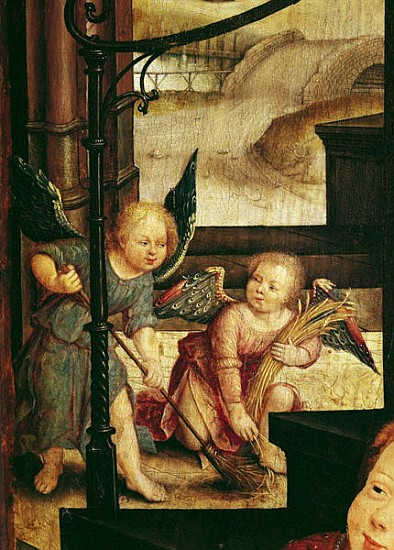 Triptych of the Adoration of the Child, detail of two angels sweeping from the right hand panel van Jean the Elder Bellegambe