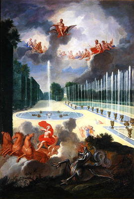 The Groves of Versailles. View of the Dragon Pool and the Pool of Neptune, with Apollo slaying Pytho van Jean the Younger Cotelle