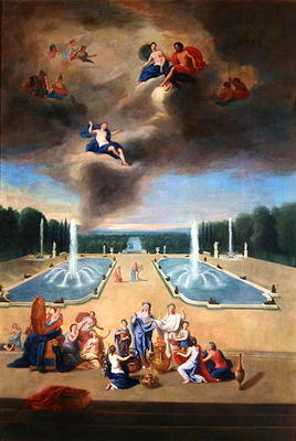 Groves of Versailles. View of the water parterre and the cabinets of animals, with priestesses prepa van Jean the Younger Cotelle