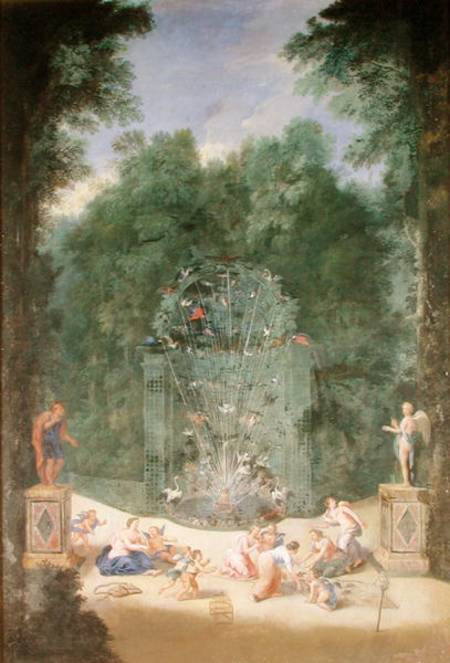 The Groves of Versailles: View of the Entrance to the Maze with Birds, Nymphs and Cherubs van Jean the Younger Cotelle