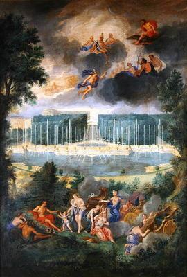 The Groves of Versailles. View of the pool of Neptune and walkway with the Judgement of Paris (oil o
