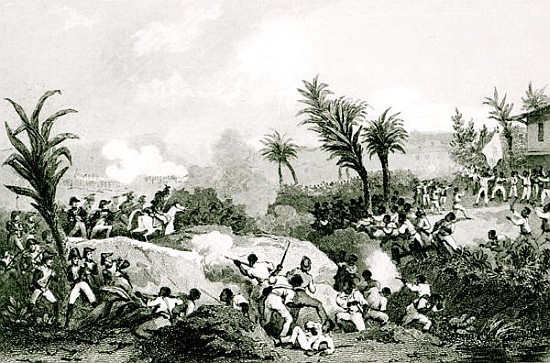 Black revolt in Santo Domingo, 16th September 1802, from ''Histoire Universelle du XIXe siecle'', af van Jean Francois Pourvoyeur