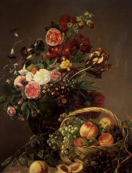 Still Life with Flowers and Fruits in a Basket van Jeanne Marie Josephine Hellemans