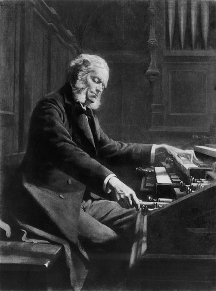 Cesar Franck at the console of the organ at St. Clotilde Basilica, Paris van Jeanne Rongier