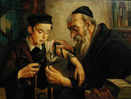 A Rabbi tying the Phylacteries to the arm of a boy van Jewish School