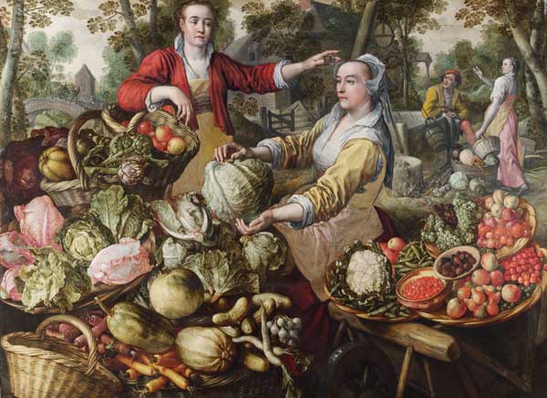 The Four Elements: Earth. A Fruit and Vegetable Market with the Flight into Egypt in the Background van Joachim Beuckelaer