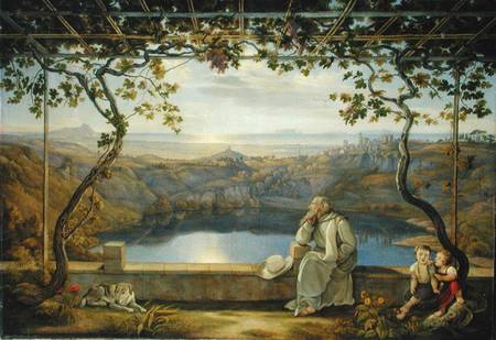 Monk sitting on a Terrace overlooking Lake Nemisee van Joachim Faber