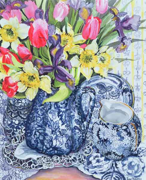 Daffodils, Tulips and Irises with Blue Antique Pots (w/c)  van Joan  Thewsey