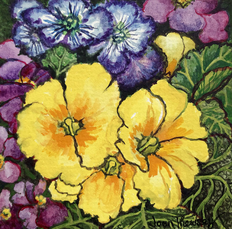 Three Yellow Primroses surrounded by mauve and purple primroses and leaves van Joan  Thewsey