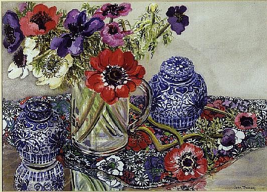 Anemones with Blue and White Pots (w/c)  van Joan  Thewsey
