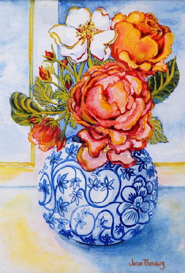 Cottage Roses, Round Blue and White Vase