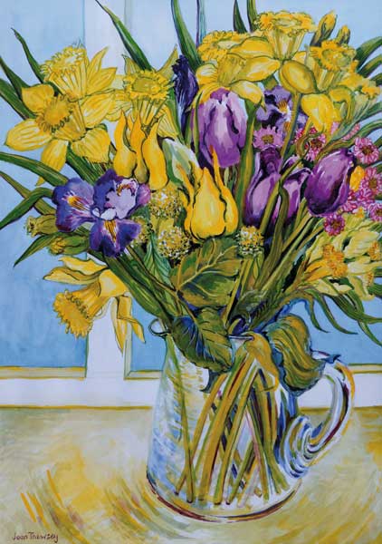 Daffodils and tulips in a glass jug by a window van Joan  Thewsey