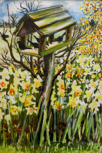 Daffodils, and Birds in the Birdhouse van Joan  Thewsey