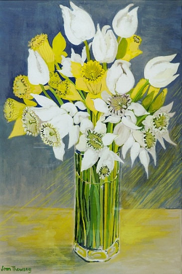 Daffodils and white tulips in an octagonal glass vase van Joan  Thewsey