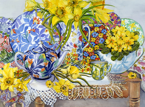 Daffodils, Antique Jugs, Plates, Textiles and Lace van Joan  Thewsey