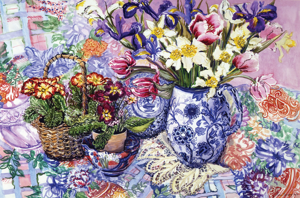 Daffodils, Tulips and Iris in a Jacobean Blue and White Jug with Sanderson Fabric and Primroses van Joan  Thewsey