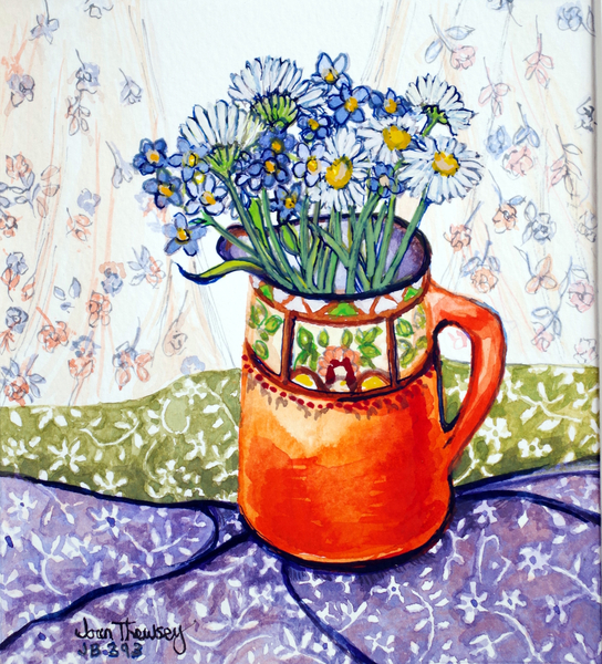 Daisies and Forget-Me-Nots Orange Jug and Patterned Fabric van Joan  Thewsey