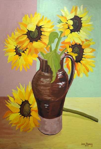 Five Sunflowers in a Tall Brown Jug van Joan  Thewsey