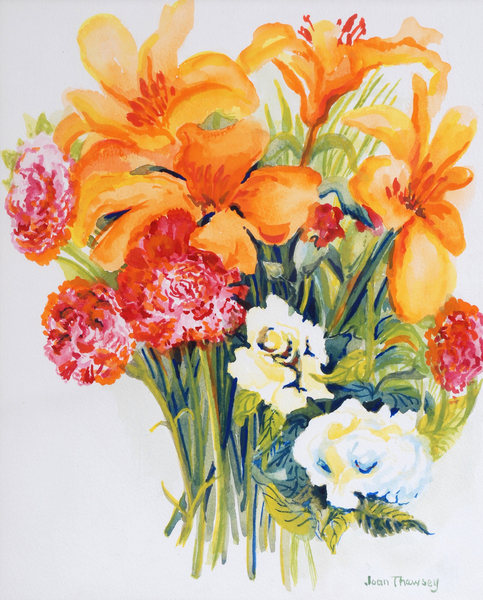 Orange Lilies,Gardenias and Carnations van Joan  Thewsey