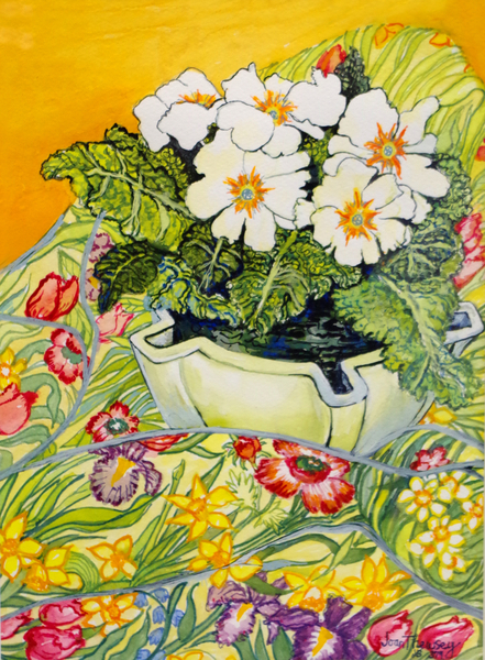 Pale Primrose in a Pot with Spring-flowered Textile van Joan  Thewsey