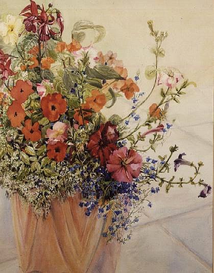 Petunias, Lobelias, Busy Lizzies and Fuschia in a Terracotta Pot (w/c)  van Joan  Thewsey