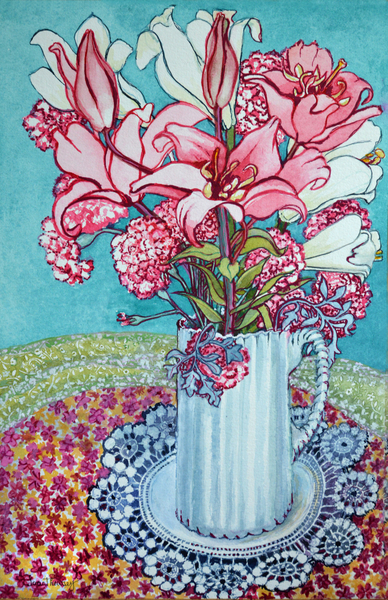 Pink Lilies in a Jug, with Lace van Joan  Thewsey