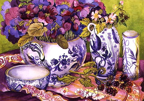 Still Life with Pansies, Violas and Blackberries (w/c on paper)  van Joan  Thewsey