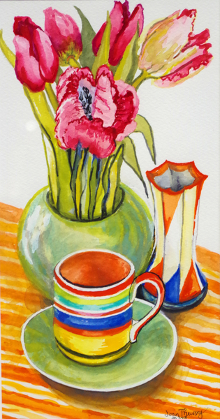 Striped Cup with Saucer, Vase and Tulips van Joan  Thewsey