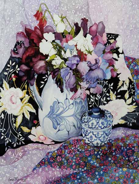Sweet peas in a blue and white jug with blue and white pot and textiles van Joan  Thewsey