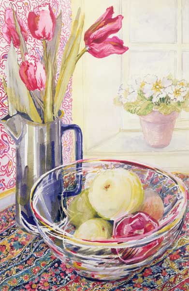 Tulips with Fruit in a Glass Bowl (w/c)  van Joan  Thewsey