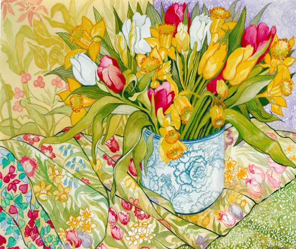 Tulips and Daffodils with Patterned Textiles van Joan  Thewsey