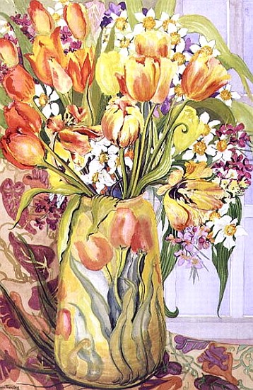 Tulips and Narcissi in an Art Nouveau Vase (w/c on paper)  van Joan  Thewsey