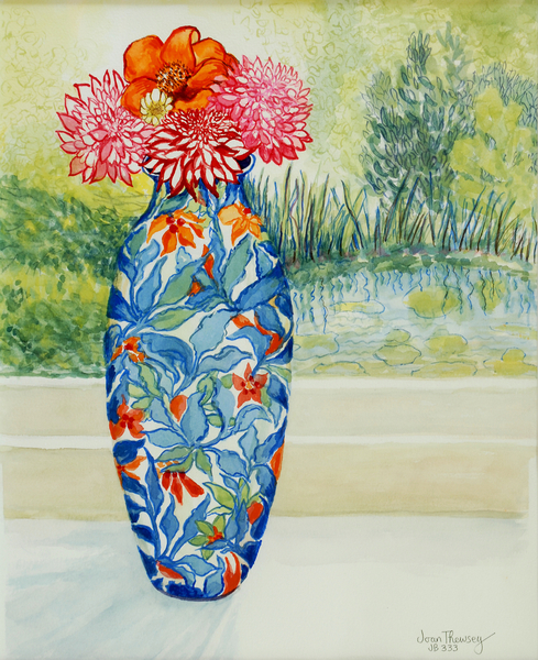 Vase with Dahlias and View of the Pond van Joan  Thewsey