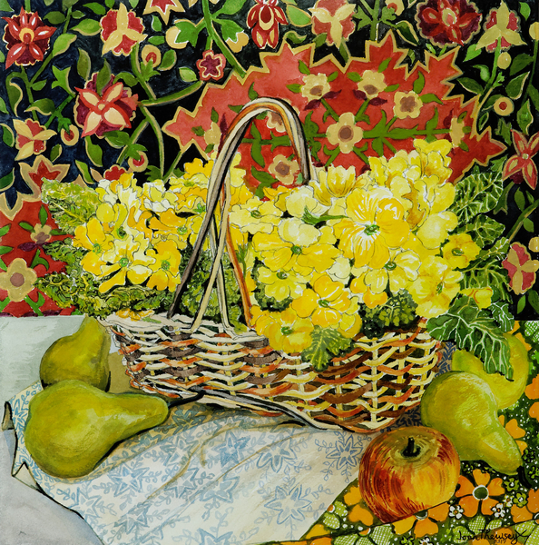Yellow Primroses in a Basket,with Fruit and Textiles van Joan  Thewsey