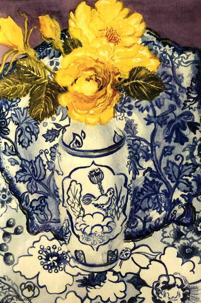 Yellow Roses in a Blue and White Vase with Patterned Blue and White Textiles van Joan  Thewsey