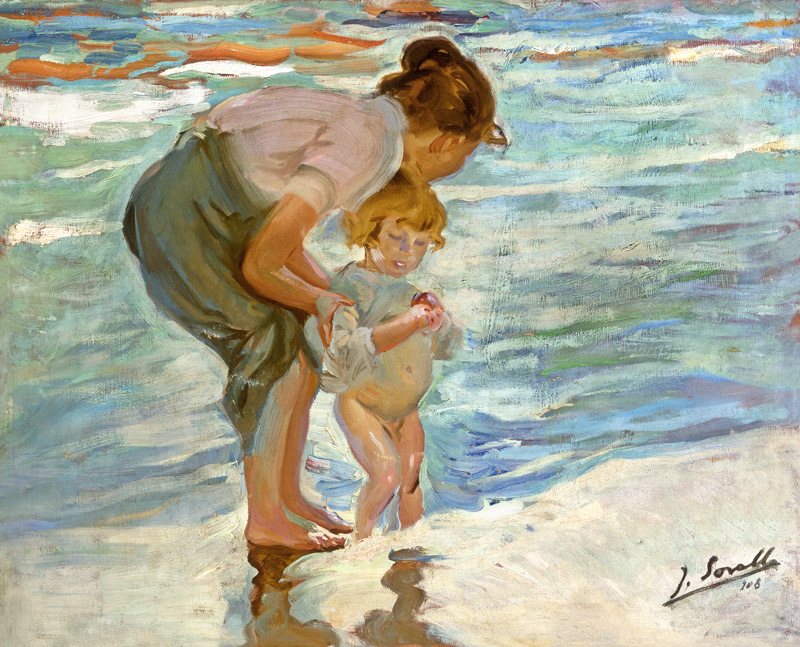 Moeder en kind op het strand   van Joaquin Sorolla